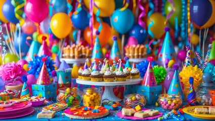 Obraz premium Festive party scene with balloons, cakes, candies, and party hats. A bright, colorful, and fun celebration setting.