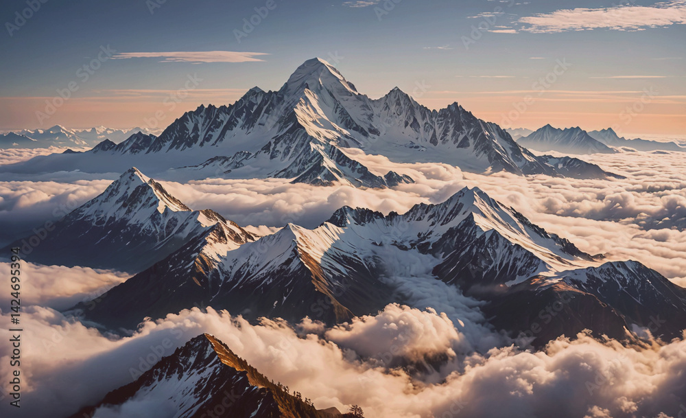 Poster the sky is filled with clouds and the mountains are covered in snow. the scene is serene and peacefu