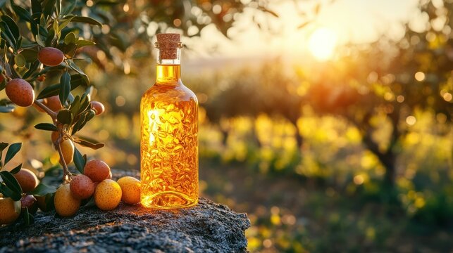 Golden elixir bottle, sunset orchard