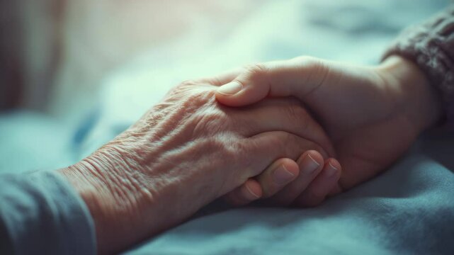 Young hand holding old hand on bed, helping caring for elderly, end of life support, aging people assistance