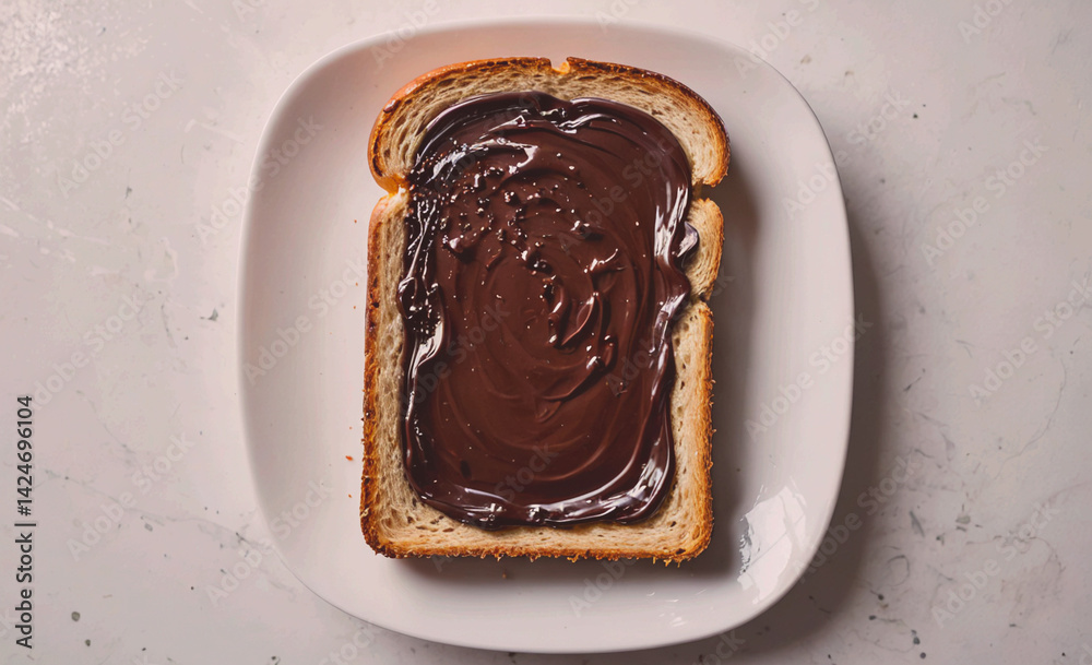 Poster slice of bread with chocolate spread on it. the chocolate is thick and the bread is toasted