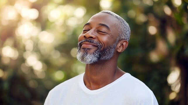 Peaceful Mature Man Outdoors Serene Relaxed Calm Happy Grey Hair Beard Enjoying Nature Sunshine Summer Day White TShirt Portrait Smiling Contentment Positive Vibes Peaceful Atmosphere Relaxation      