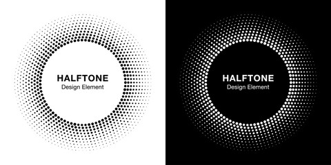 Abstract Circle Frame Halftone Dots Logo Emblem Design Element. Round Border Icon Gradient Halftone Circle Dots Pattern Texture.