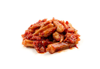 Stewed okra, cooked bamya fruits isolated, traditional asian dish bamia in red sauce, okra stew closeup