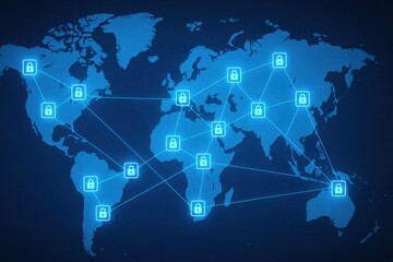 A high-tech digital world map showcasing interconnected networks with padlock icons, symbolizing cybersecurity and global connectivity. Ideal for tech and security themes.