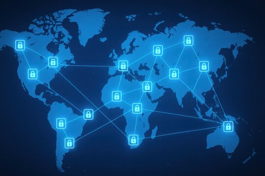 A high-tech digital world map showcasing interconnected networks with padlock icons, symbolizing cybersecurity and global connectivity. Ideal for tech and security themes.