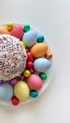Colorful Easter celebration with decorated eggs and sweet treats for joyful festivities concept. Colorful Easter celebration showcases a variety of decorated eggs and sweet treats, symbolizing joy