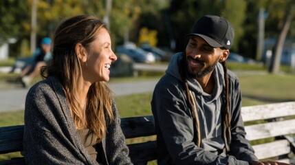 Fototapeta premium Two friends sharing a joyful conversation and laughter while sitting on a park bench outdoors in warm sunlight
