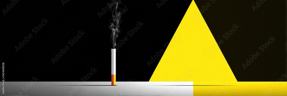 Poster burning cigarette above bright warning triangle symbolizing health risks in modern minimalist design