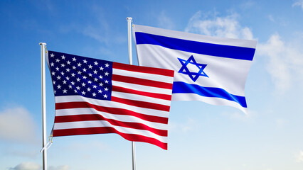 Obraz premium flags of israel and united states of america over blue sky background.