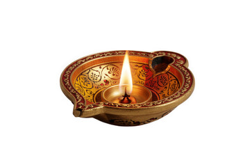 A diya lamp with flame lit  isolated over png transparent background	