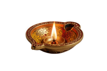 A diya lamp with flame lit  isolated over png transparent background	