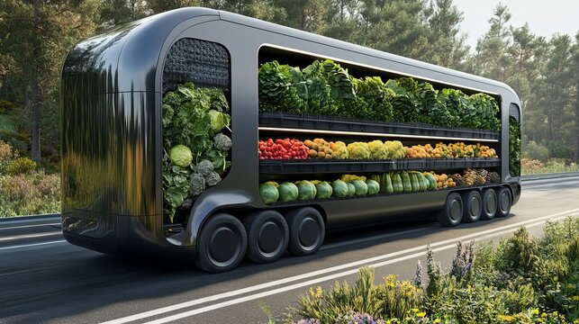 Modern autonomous truck delivering fresh produce vegetables fruits farm to table eco food diet road