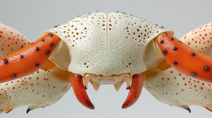 Close-up of crab's head and claws.  Detailed view of the carapace, showing textures and patterns.  Orange claws and white carapace