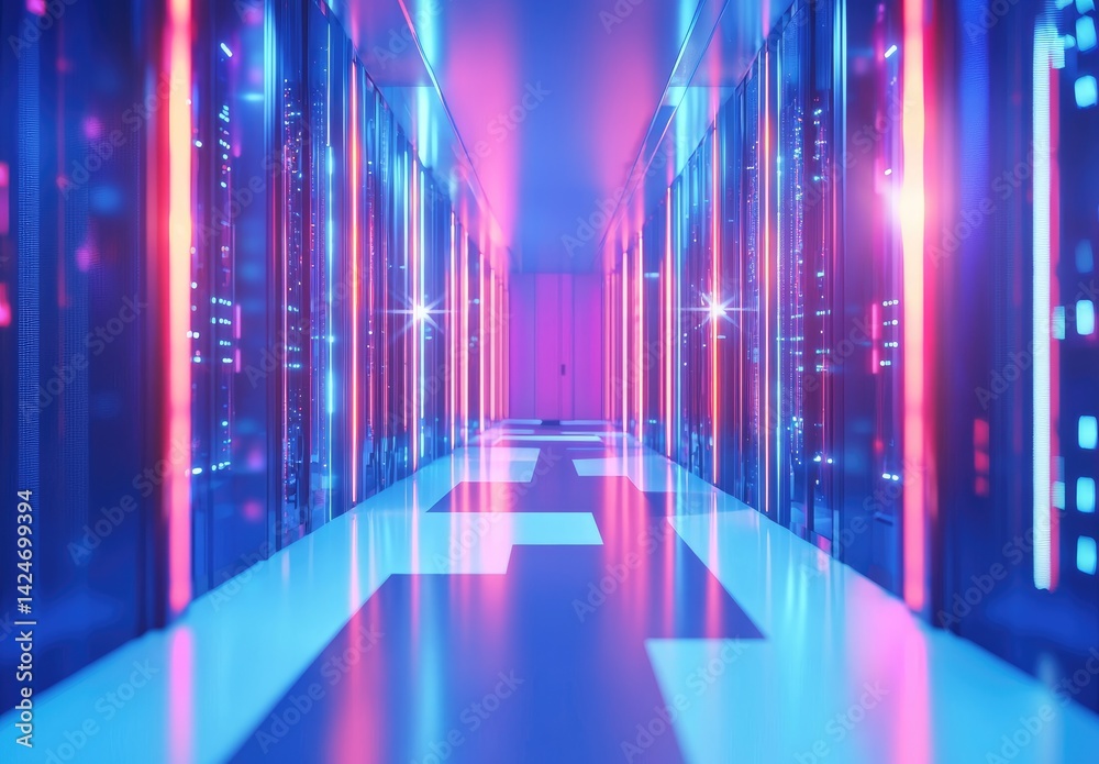 Poster Futuristic server room with glowing pink and blue lights reflecting on the floor, showcasing data infrastructure. Ideal for tech ads, AI concepts, and cloud computing visuals