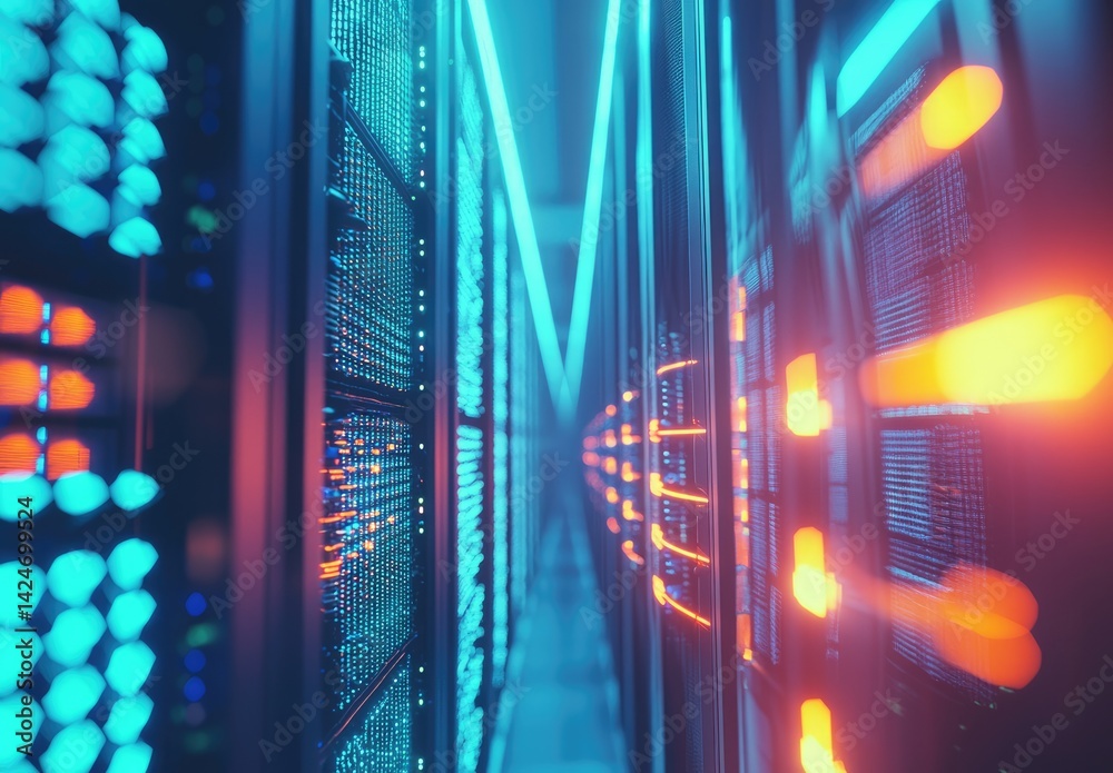 Poster close-up view of futuristic data servers glowing with vibrant blue and orange lights, symbolizing ad