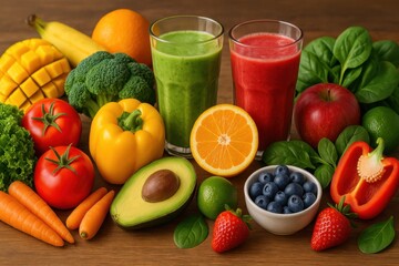 A vibrant arrangement of fresh fruits and vegetables alongside two refreshing smoothies, showcasing the beauty and nutritional diversity of healthy eating.