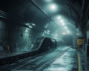 Obraz premium Subterranean Transport Logistics Hub with Massive Conveyor Belts and Gentle Mist. .