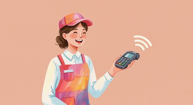Smiling cashier in a colorful apron, joyfully accepting contactless payment with a card reader in hand