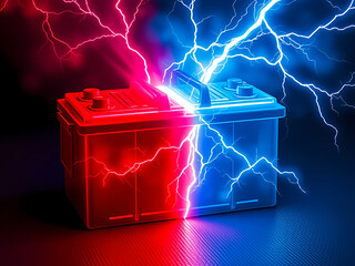 A dynamic battery image split into red and blue halves, emitting vibrant lightning bolts. The contrasting colors create an electrifying effect, symbolizing power and energy.