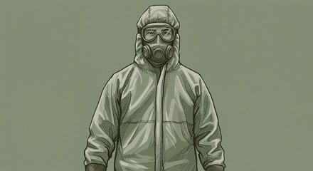 Individual wearing protective gear for asbestos removal, featuring a gas mask and hooded suit against a muted green backdrop