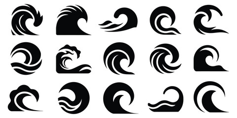 Fototapeta premium Set of Abstract Ocean Wave Icons - Minimalist Sea and Surf Symbols Collection