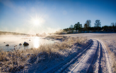 A Cold, Sunny Winter Day with Frost Smoke at Aarefjorden in Moss, Norway