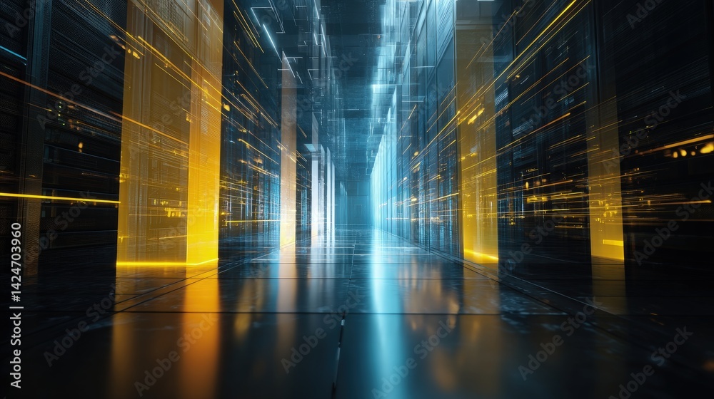Poster abstract digital data center with glowing blue and yellow light trails, symbolizing fast data flow a