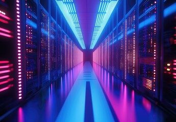 Fototapeta premium Long aisle of vibrant data servers glowing in magenta and blue lights under a futuristic ceiling, ideal for high-tech, AI, and digital transformation concepts