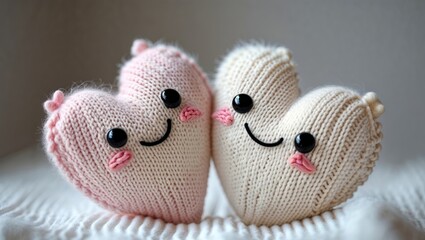 Two cute handmade knitted hearts hugging and smiling