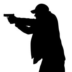 Silhouette of a man with a gun aims and fires. An undercover policeman apprehends the intruder. Shooting practice at a shooting range.
