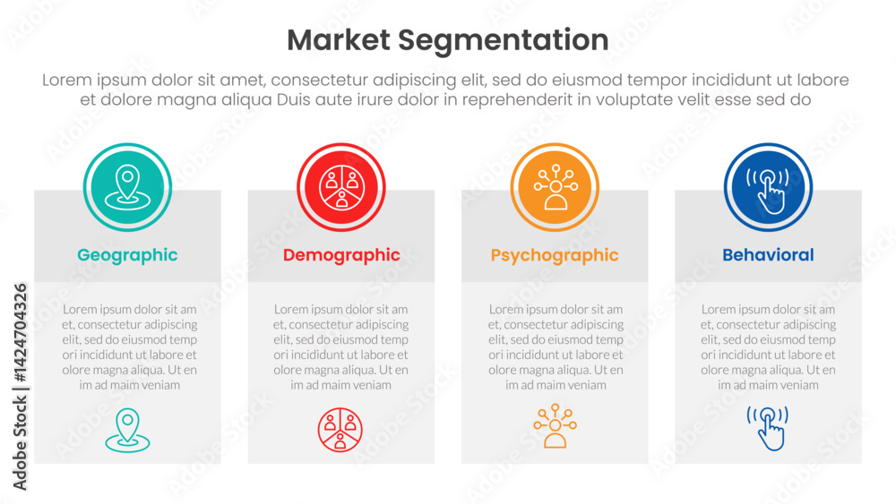 Poster market segmentation framework analysis infographic 4 point stage template with big table box with ci