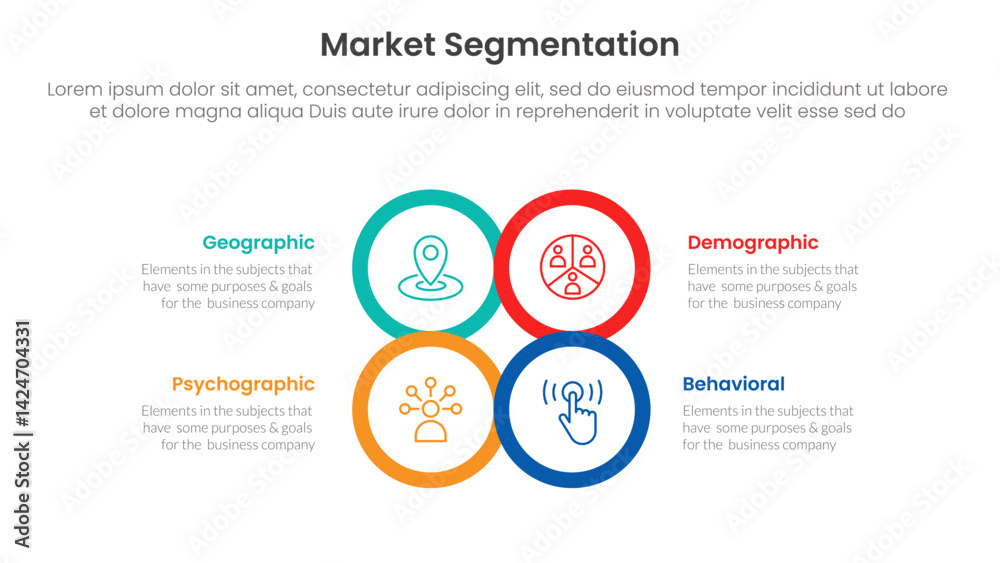 Poster market segmentation framework analysis infographic 4 point stage template with circle center outline