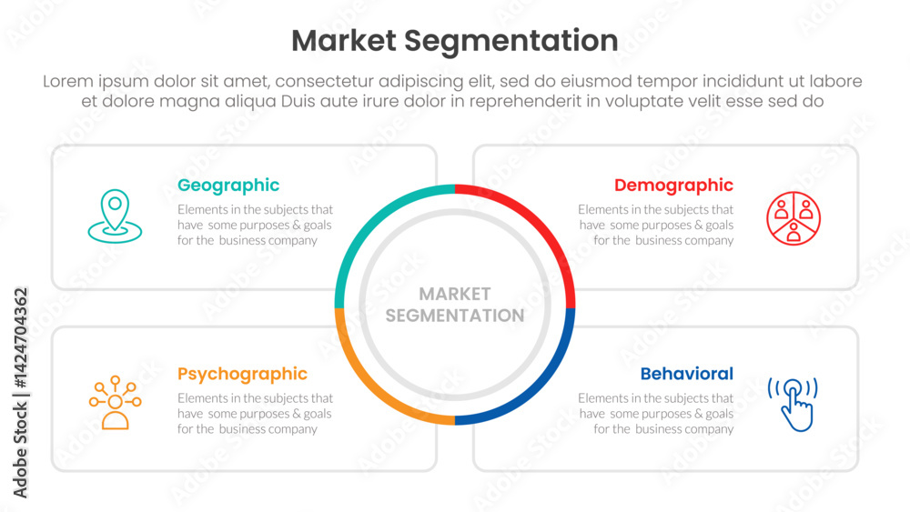 Poster market segmentation framework analysis infographic 4 point stage template with big circle center and