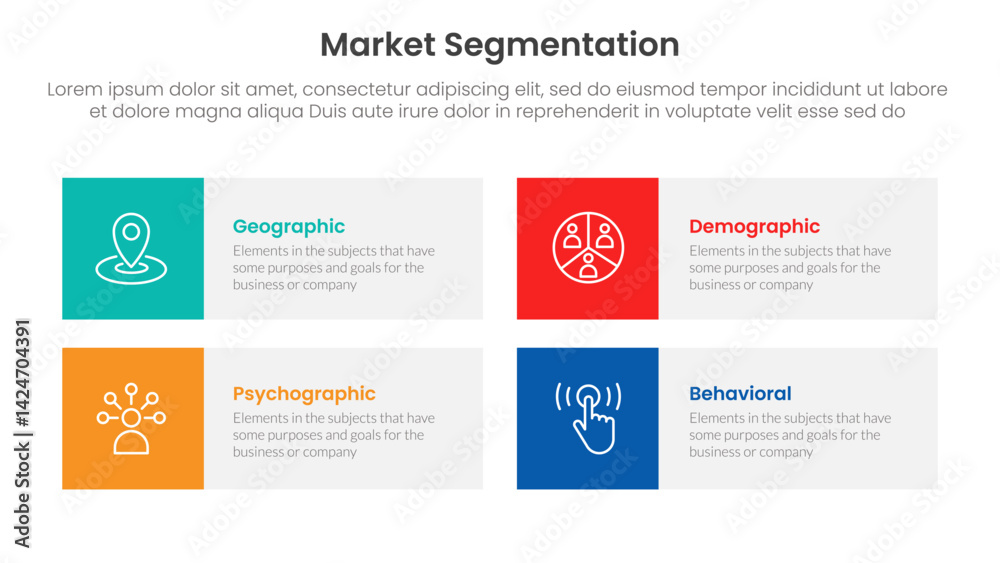 Poster market segmentation framework analysis infographic 4 point stage template with square box rectangle 