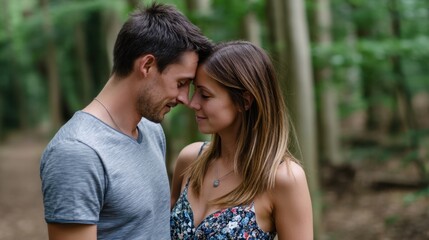 Obraz premium Romantic couple in a forest with foreheads touching, expressing love and tenderness in outdoor setting