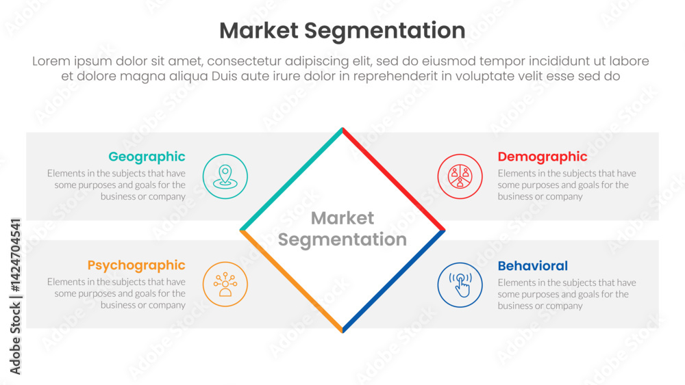 Poster market segmentation framework analysis infographic 4 point stage template with rotate rectangle box 