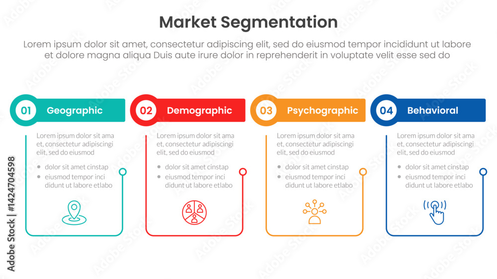 Poster market segmentation framework analysis infographic 4 point stage template with outline table and cir