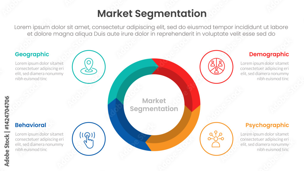 Poster market segmentation framework analysis infographic 4 point stage template with big circle on center 