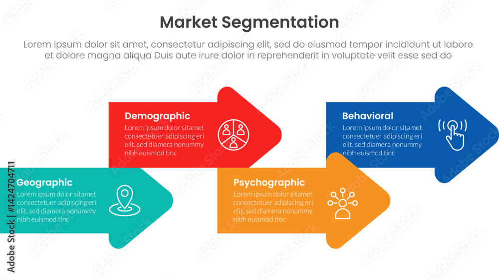 Poster market segmentation framework analysis infographic 4 point stage template with arrow shape combinati