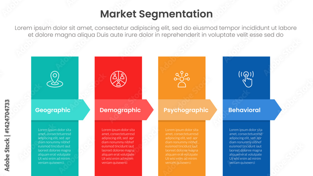 Poster market segmentation framework analysis infographic 4 point stage template with vertical box and arro