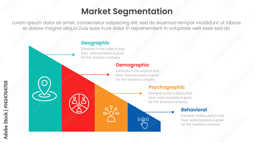 Poster market segmentation framework analysis infographic 4 point stage template with triangle shape divide