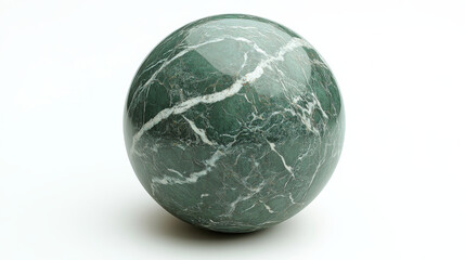 A polished green marble sphere sits against a white background, emphasizing its natural veining in a refined minimalist aesthetic