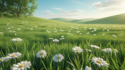 Lush meadow blanketed in wildflowers under a bright sky.