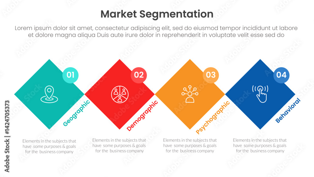 Poster market segmentation framework analysis infographic 4 point stage template with rotated square diamon