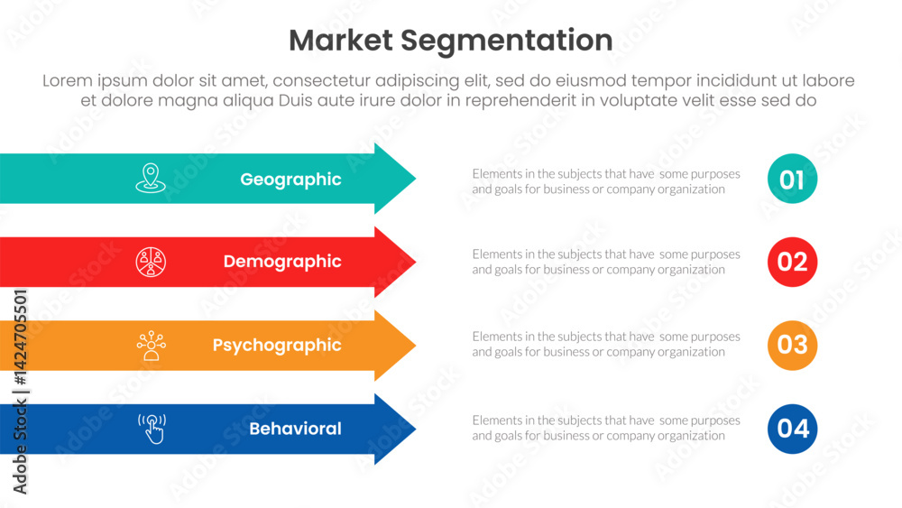 Poster market segmentation framework analysis infographic 4 point stage template with rectangle arrow right