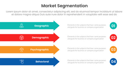 market segmentation framework analysis infographic 4 point stage template with rectangle arrow right direction vertical stack for slide presentation