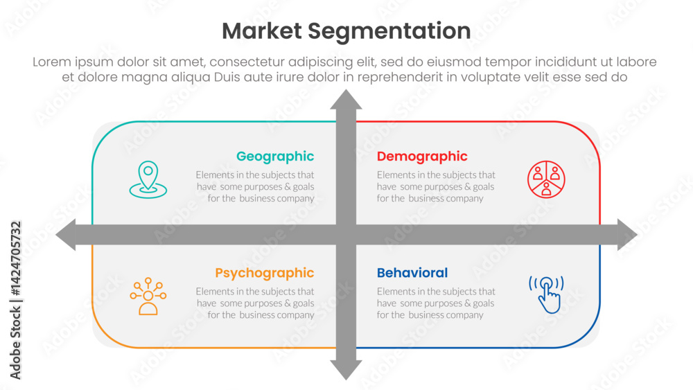 Poster market segmentation framework analysis infographic 4 point stage template with rounded rectangle box