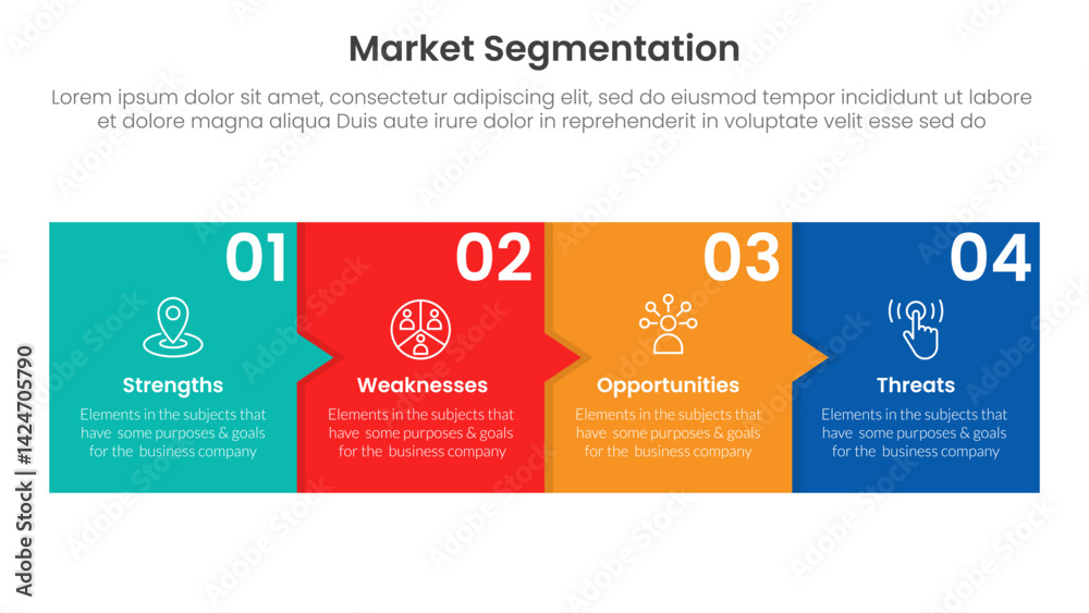 Poster market segmentation framework analysis infographic 4 point stage template with box and small arrow f