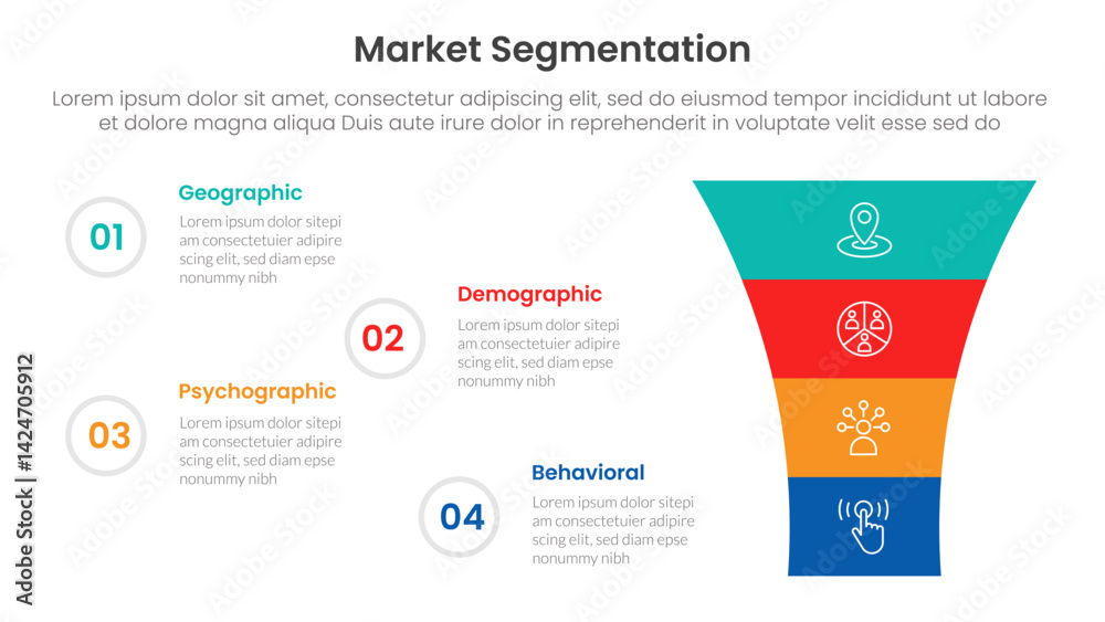 Poster market segmentation framework analysis infographic 4 point stage template with round funnel on right
